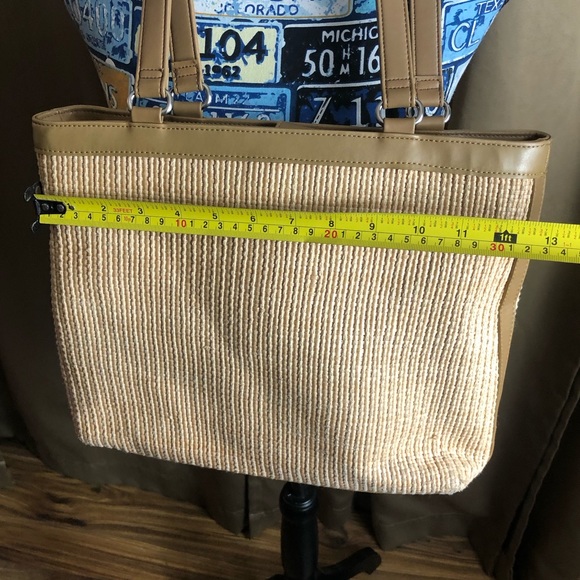 Fossil Woven Fabric Double Strap Shoulder Bag Purse with Plaid Lining - Picture 10 of 16